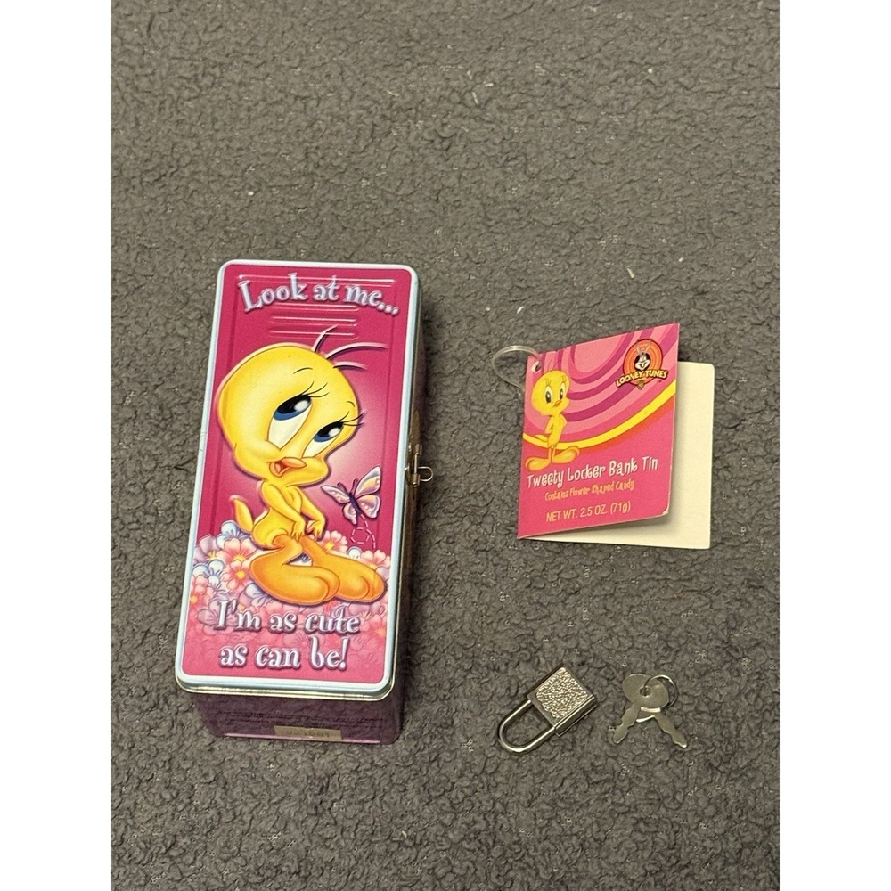 Vintage Y2K Looney Tunes Tweety Bird Mini Locker Bank Tin Houston Harvest 5.5"